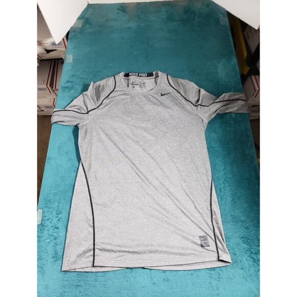 Nike Pro Shirt Size Medium Men Gray Polyester Long Sleeve Fitted Dri Fit Running - Picture 2 of 8
